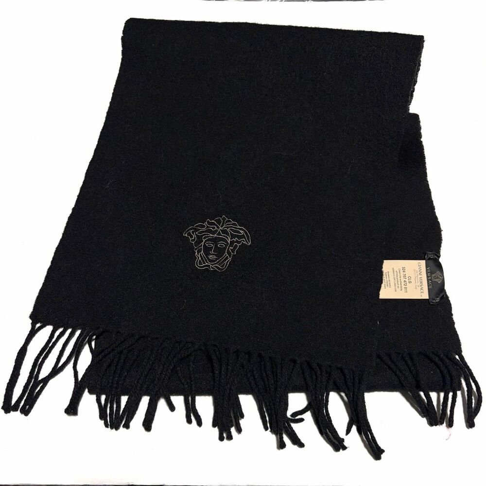 Gianni Versace Wool Medusa Fringe Long Scarf Black